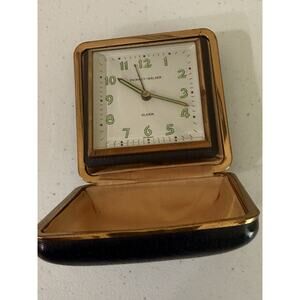 VTG Phinney-Walker Wind-Up Travel Alarm Clock Black Leather Case Made In Germany